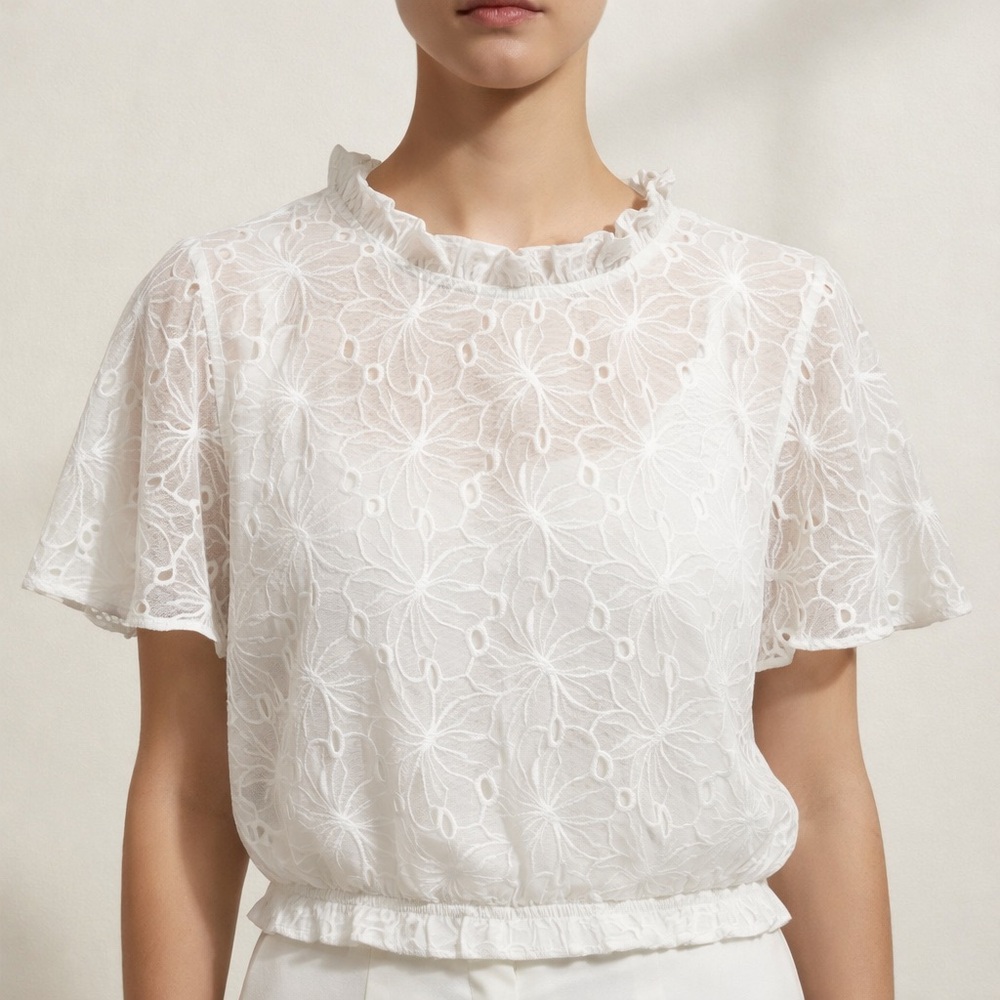 Altar'd State White Floral Lace Ruffle-Neck Blouse